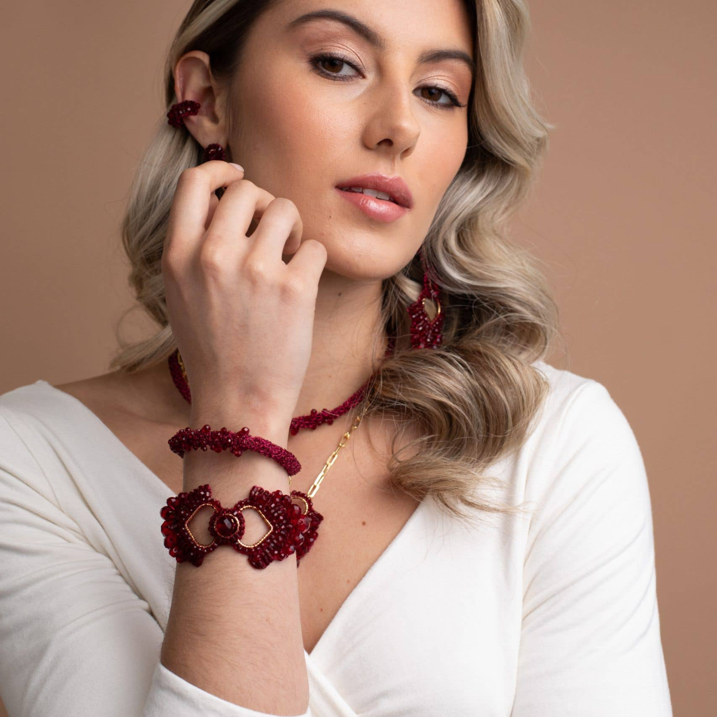 Queen of Hearts Beaded Bracelet - Cherry Red