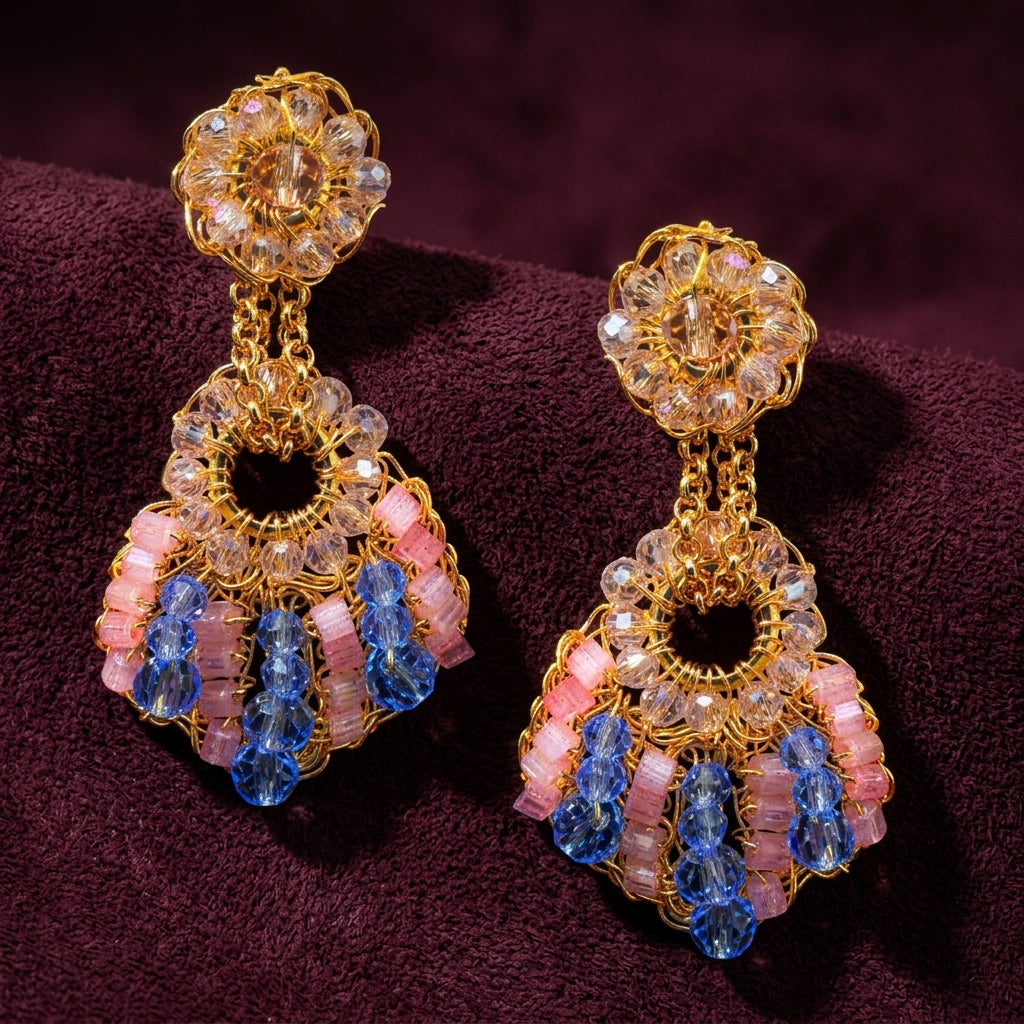 Seashell Beaded Drop Earrings - Pink & Blue