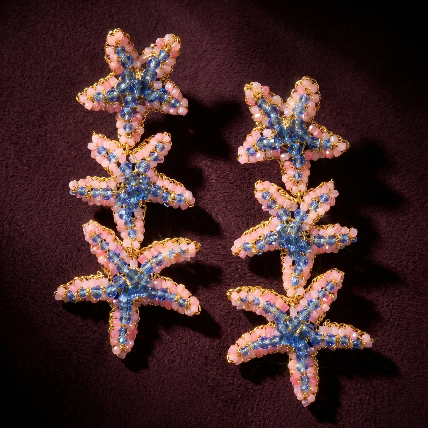Beaded Sea Star Cascade Earrings - Pink & Blue