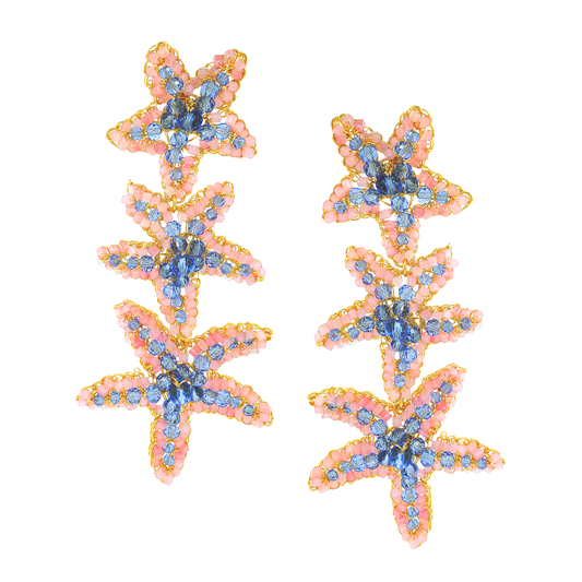 Beaded Sea Star Cascade Earrings - Pink & Blue