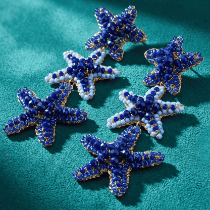 Beaded Sea Star Cascade Earrings - Cobalt Blue