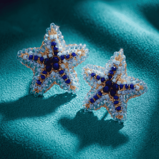 Beaded Sea Star Statement Stud Earrings - Cobalt Blue