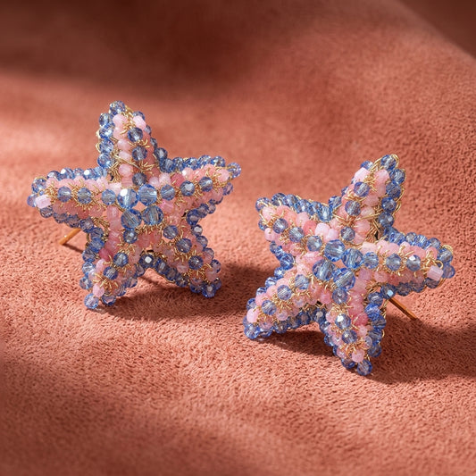 Beaded Sea Star Statement Stud Earrings - Pink & Blue
