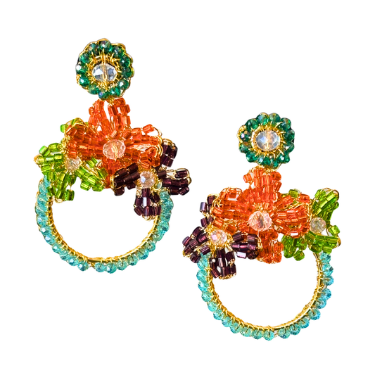 Garden Multicolor Beaded Floral Halo Drop Earrings