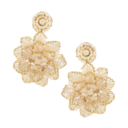 Triple-Layer Blossom Beaded Floral Drop Earrings - White & Gold