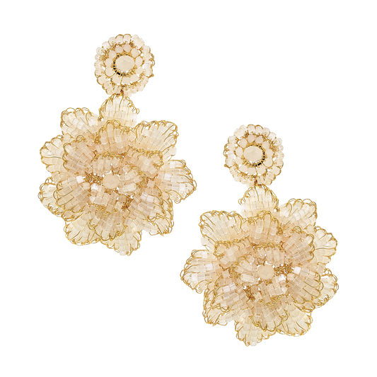 Triple-Layer Blossom Beaded Floral Drop Earrings - White & Gold