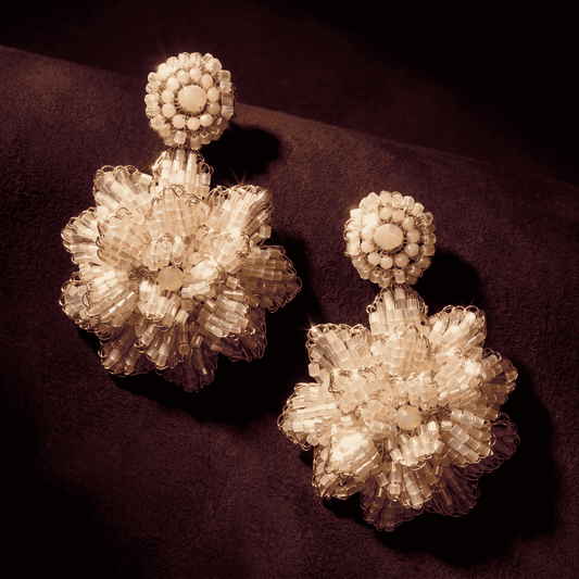 Triple-Layer Blossom Beaded Floral Drop Earrings - White & Gold