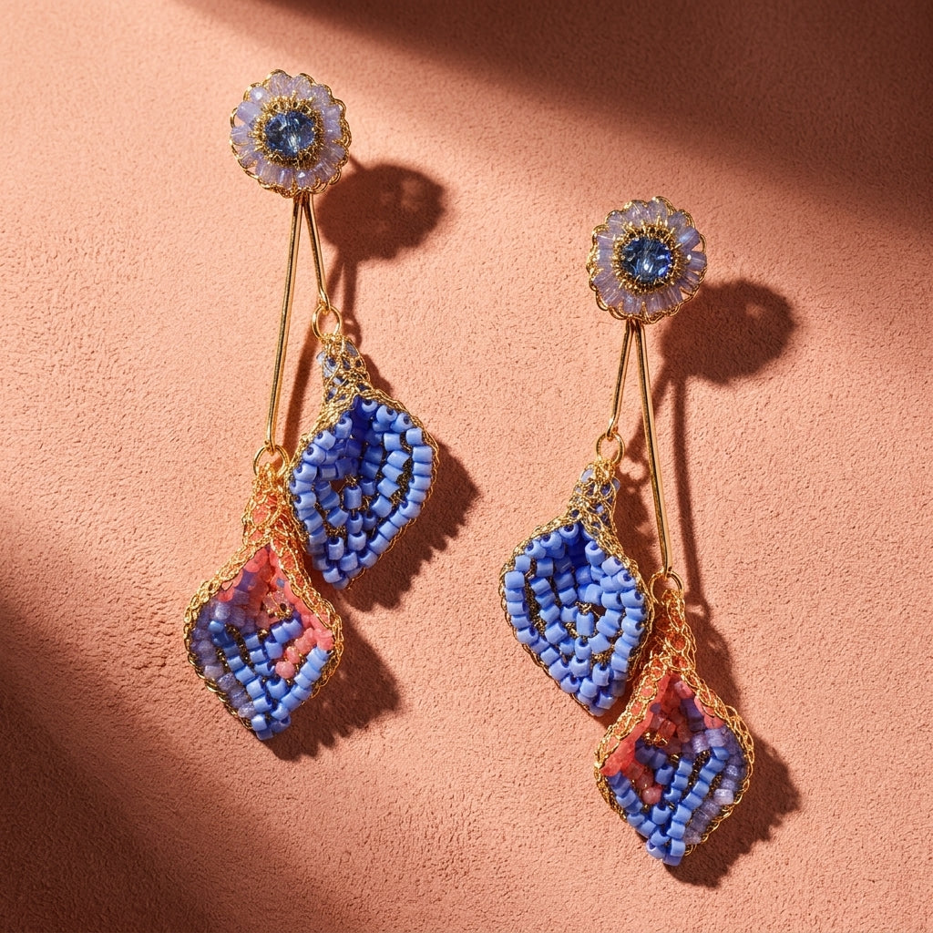 Tulip Duo Drop Earrings - Blue & Pink