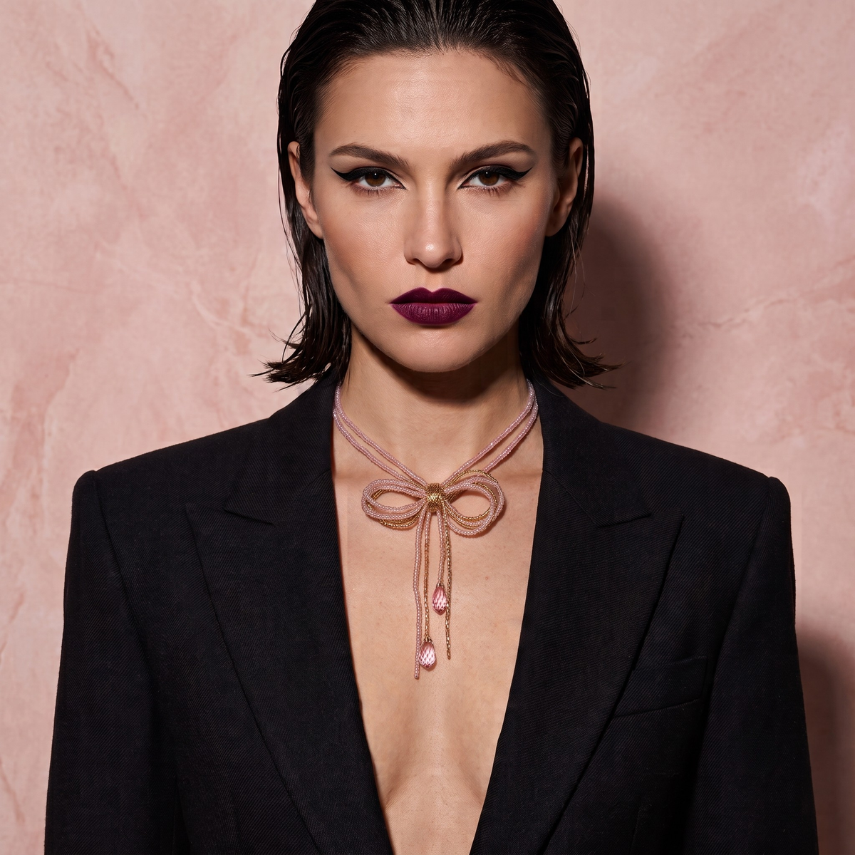 Coquette Beaded Bow Necklace - Pink & Gold