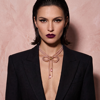 Coquette Beaded Bow Necklace - Pink & Gold