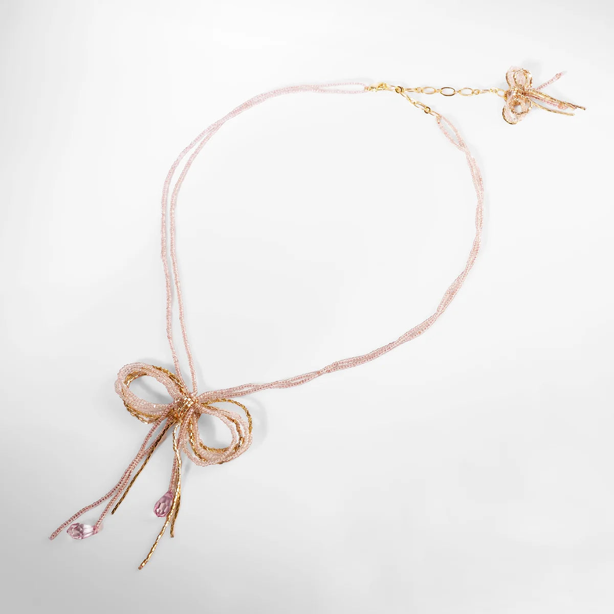 Coquette Beaded Bow Necklace - Pink & Gold