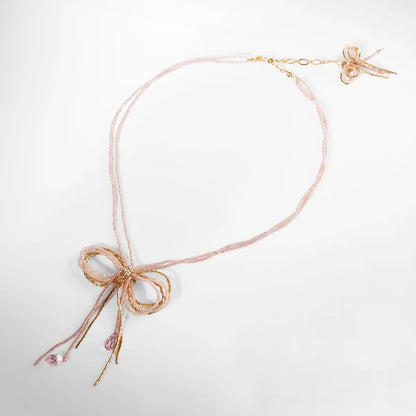 Coquette Beaded Bow Necklace - Pink & Gold