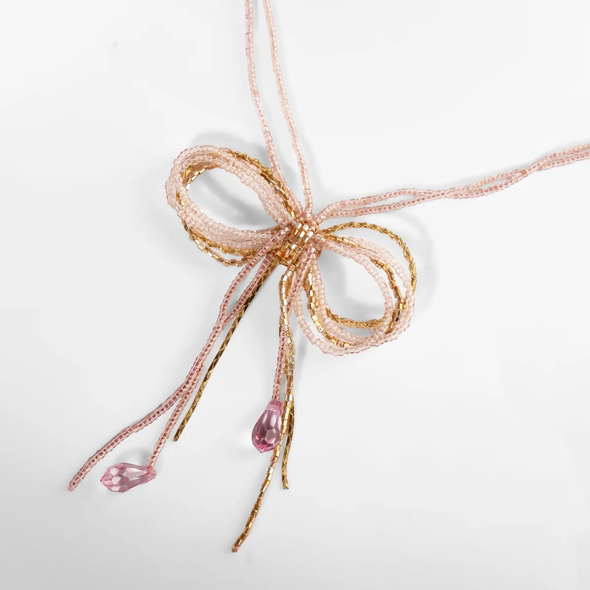 Coquette Beaded Bow Necklace - Pink & Gold