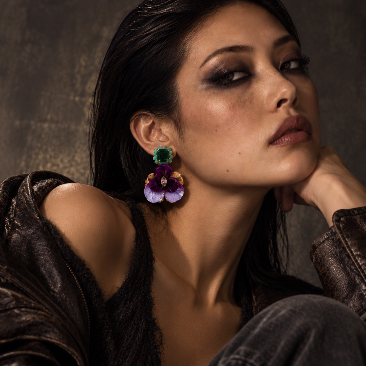Pansy Drop Earrings - Purple & Green