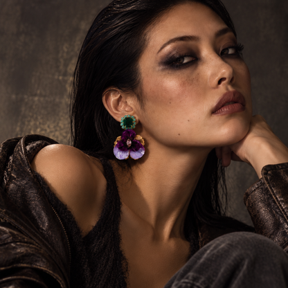 Pansy Drop Earrings - Purple & Green