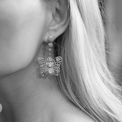 Gold Filigree Butterfly Drop Earrings - Crystal