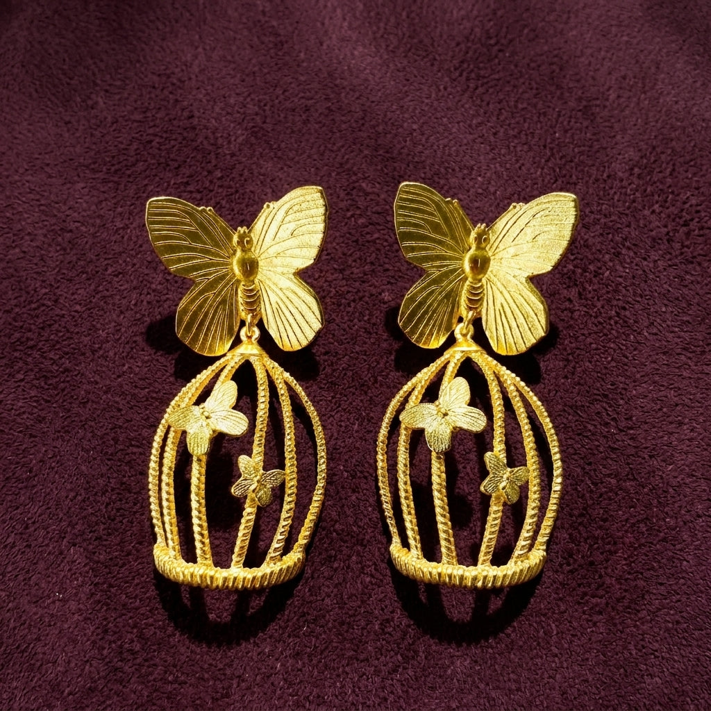 Gold Butterfly Bird Cage Earrings