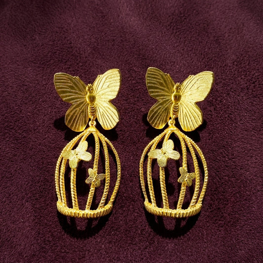 Gold Butterfly Bird Cage Earrings
