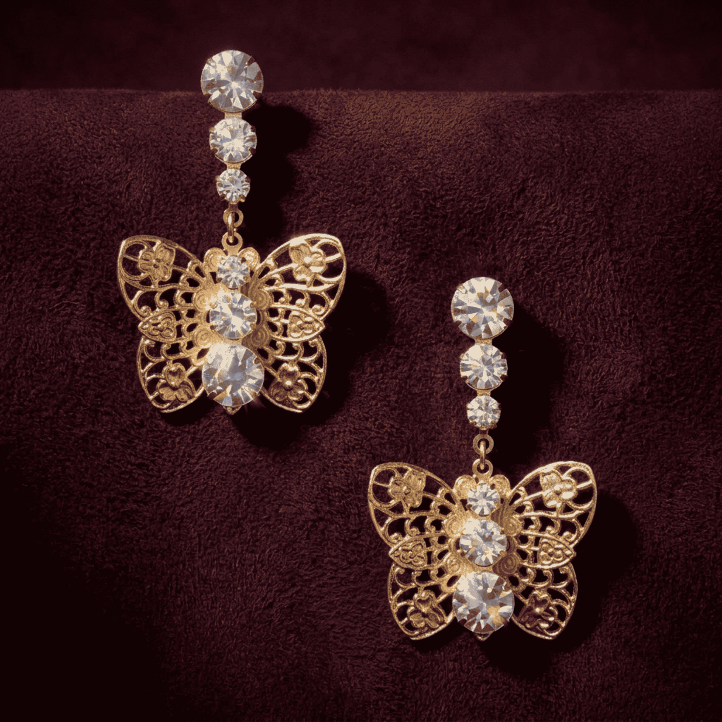 Gold Filigree Butterfly Drop Earrings - Crystal