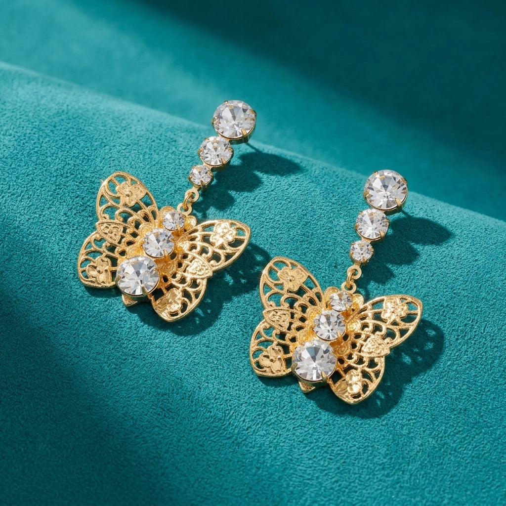 Gold Filigree Butterfly Drop Earrings - Crystal