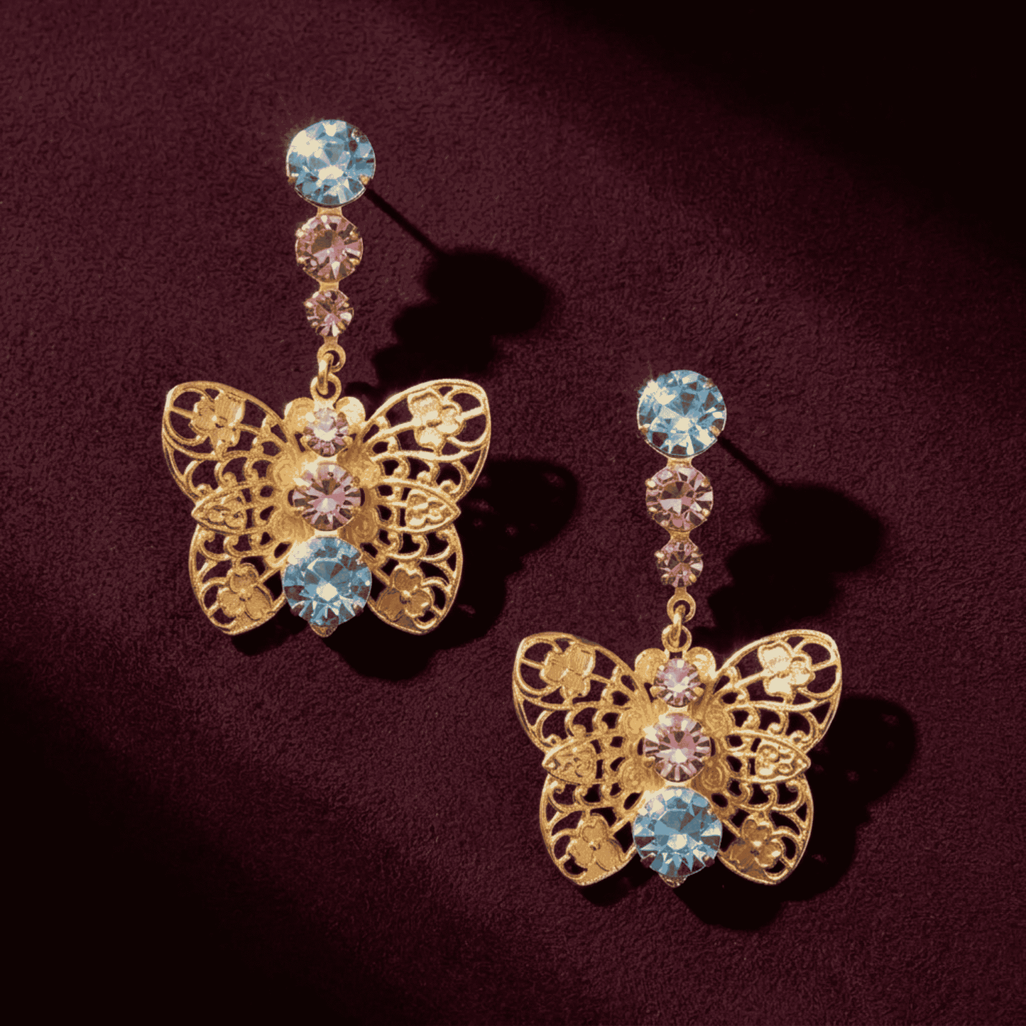Gold Filigree Butterfly Drop Earrings - Blue & Pink