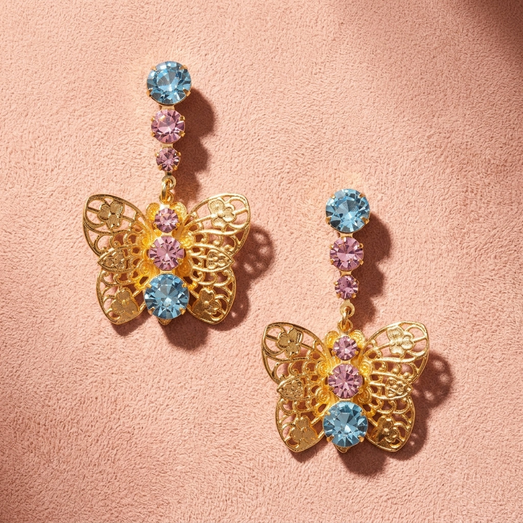 Gold Filigree Butterfly Drop Earrings - Blue & Pink