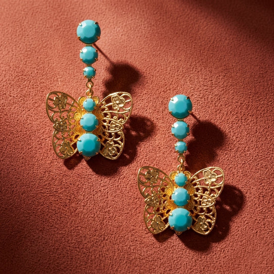 Gold Filigree Butterfly Drop Earrings - Turquoise