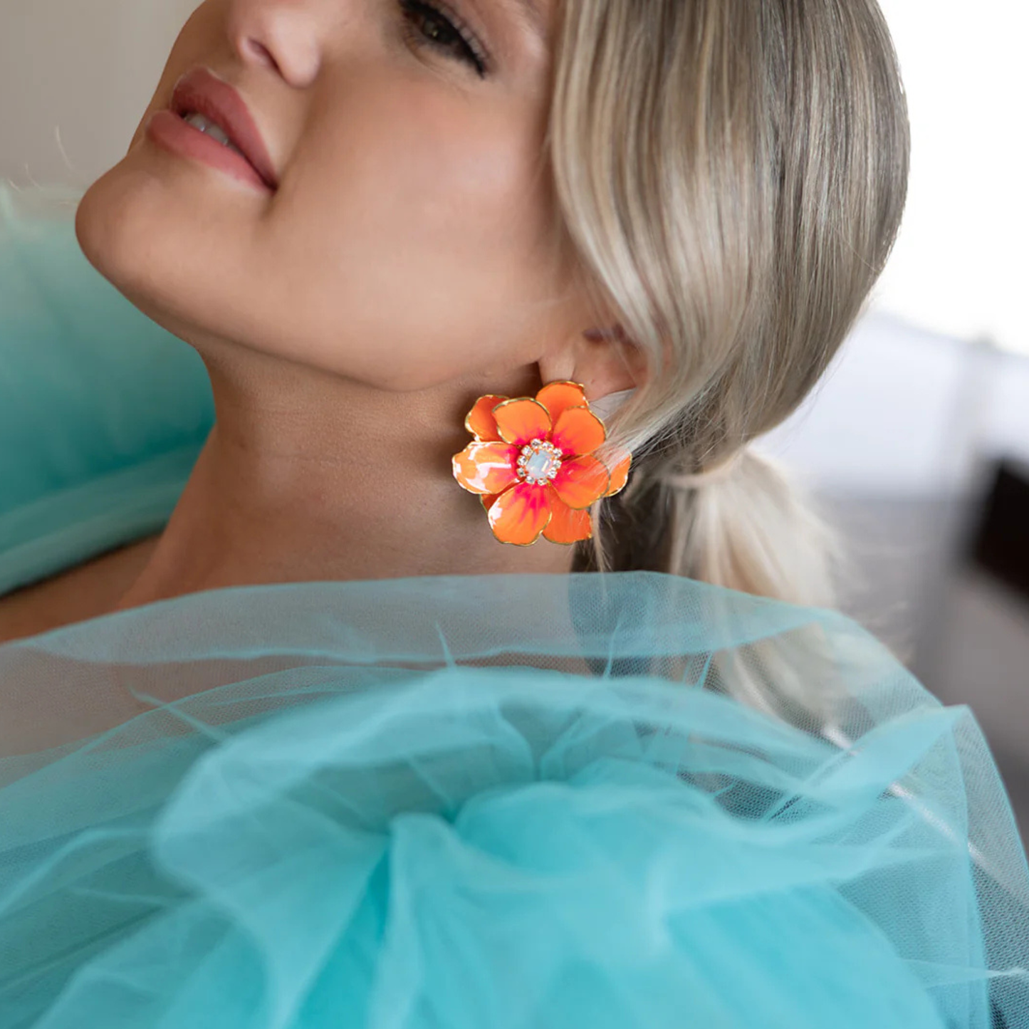 Jewel Box Floral Earrings - Neon Orange