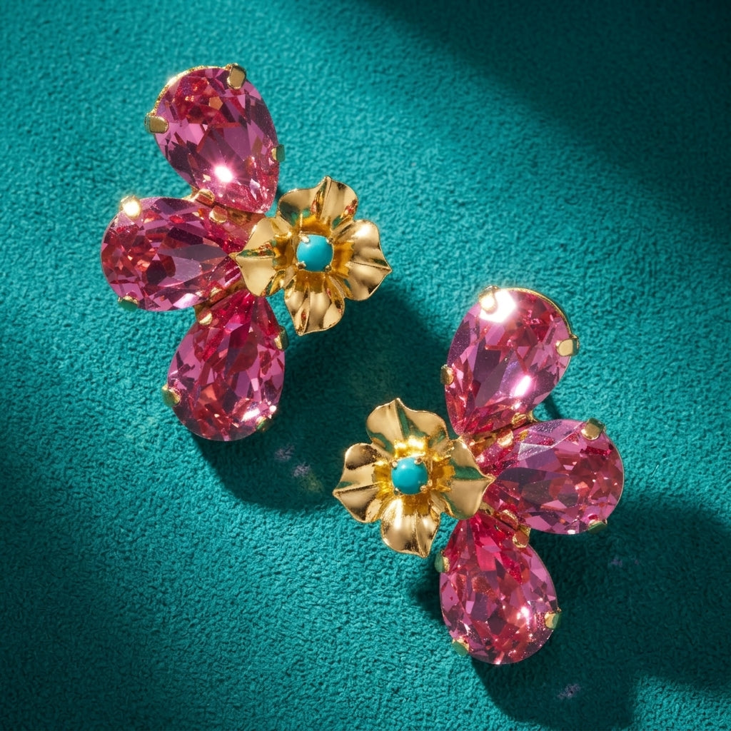 Marigold Crystal Floral Stud Earrings - Rose