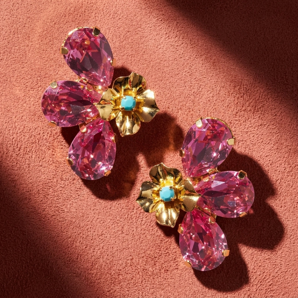 Marigold Crystal Floral Stud Earrings - Rose