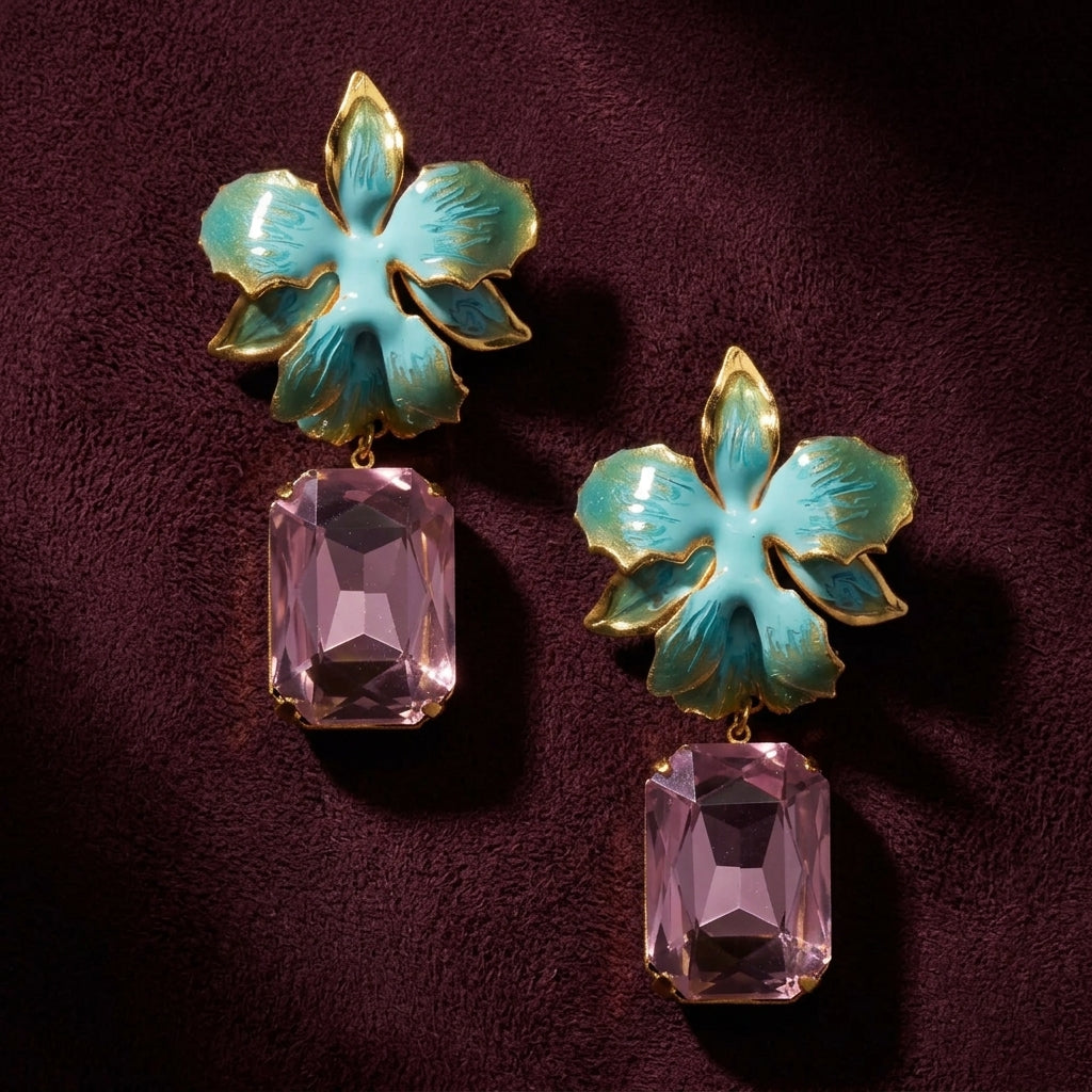 Vanilla Orchid Jeweled Drop Earrings - Aqua & Blush