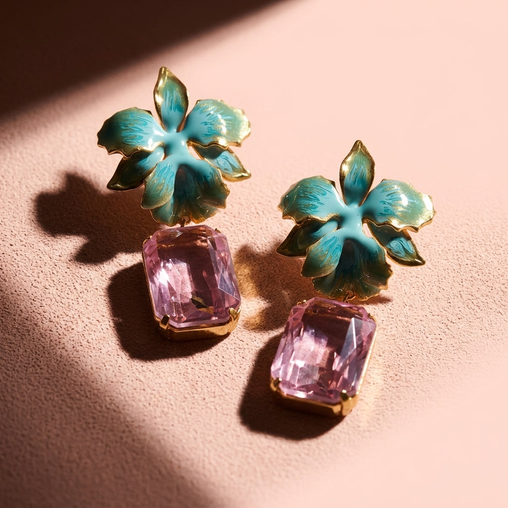 Vanilla Orchid Jeweled Drop Earrings - Aqua & Blush