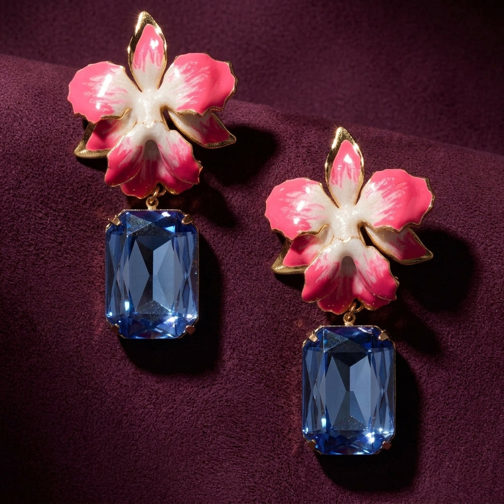 Vanilla Orchid Jeweled Drop Earrings - Hot Pink & Blue