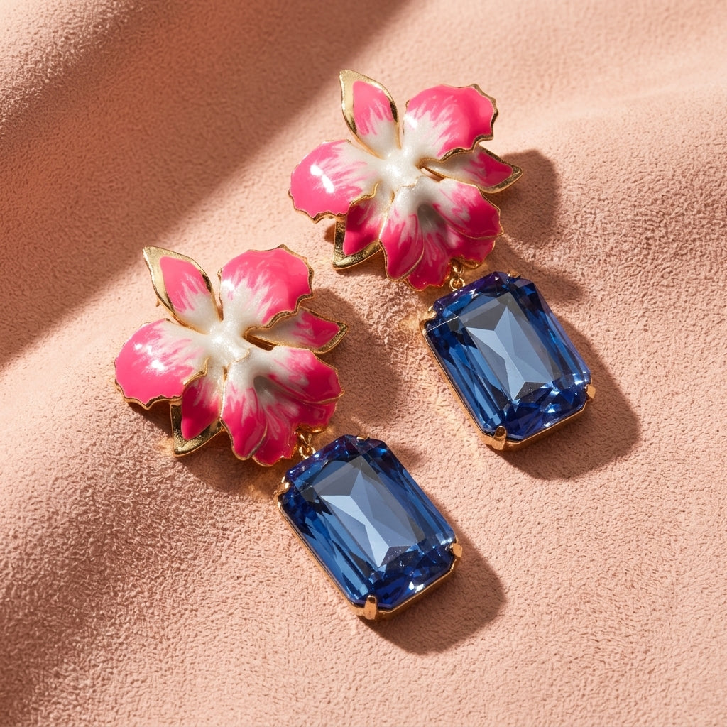 Vanilla Orchid Jeweled Drop Earrings - Hot Pink & Blue