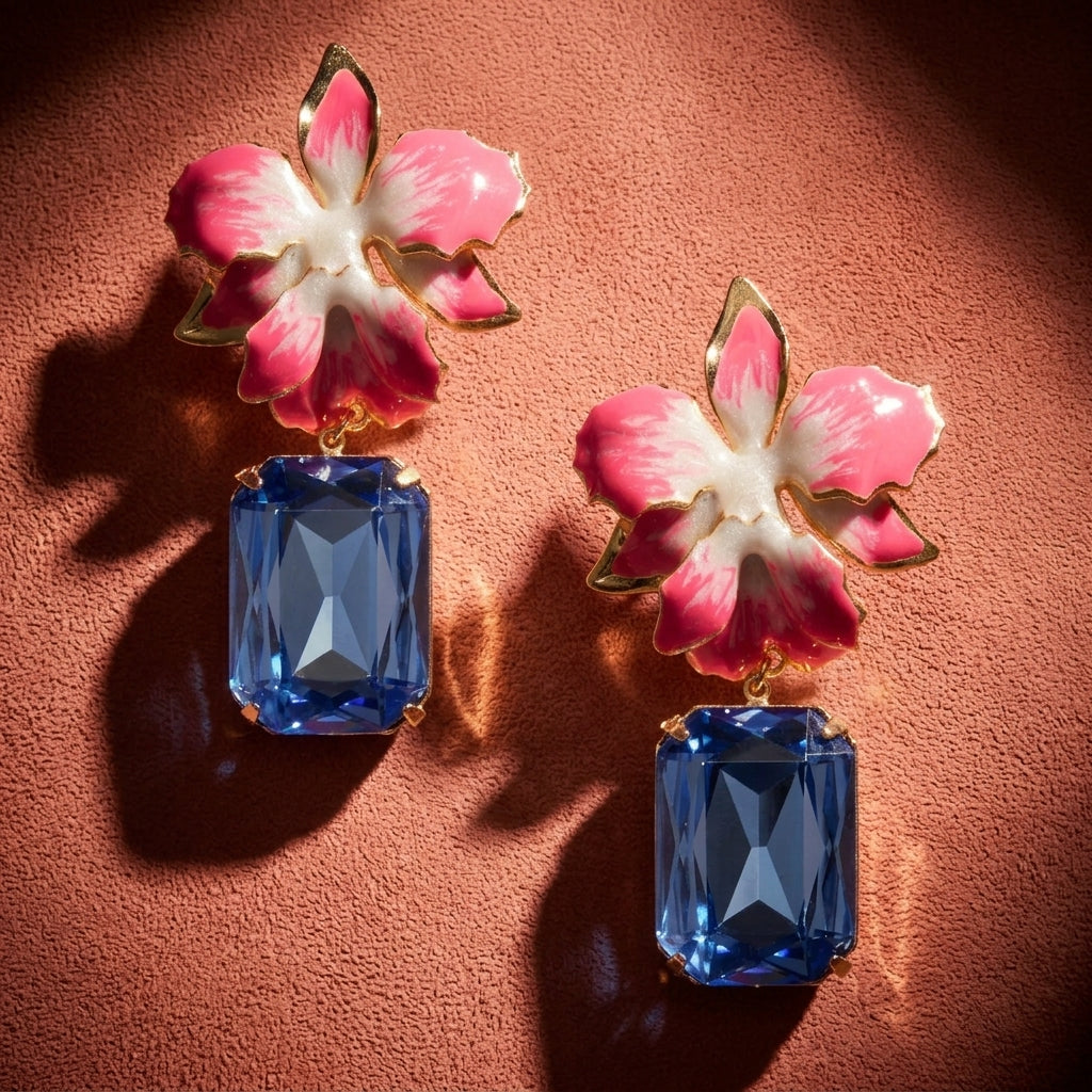 Vanilla Orchid Jeweled Drop Earrings - Hot Pink & Blue