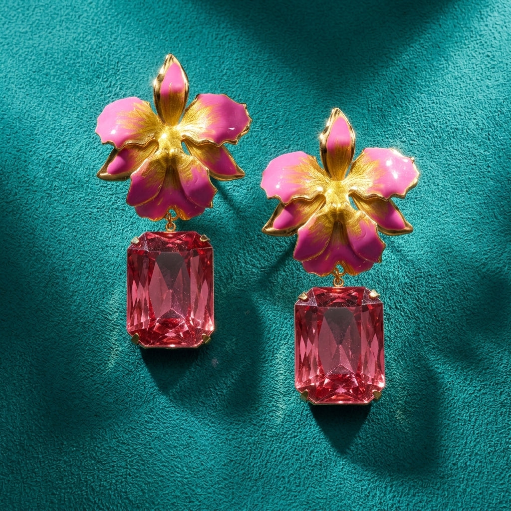 Vanilla Orchid Jeweled Drop Earrings - Pink & Yellow