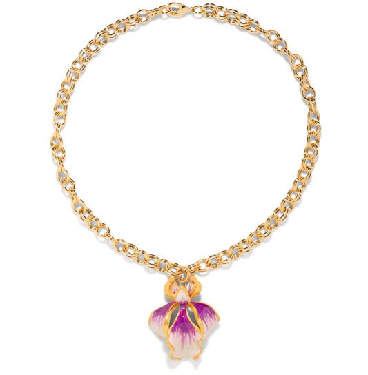 Violet & White Enamel Sculpted Iris Pendant Necklace