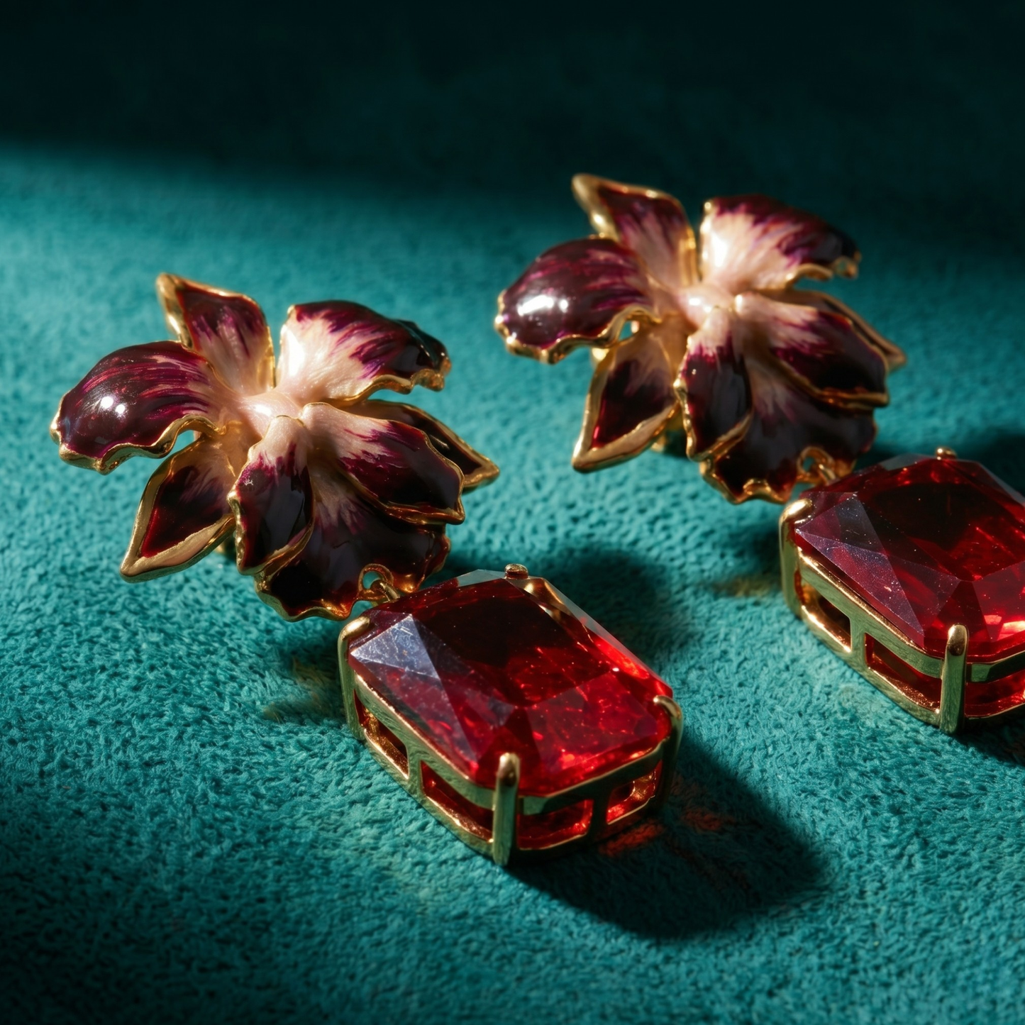 Vanilla Orchid Jeweled Drop Earrings - Ruby Red