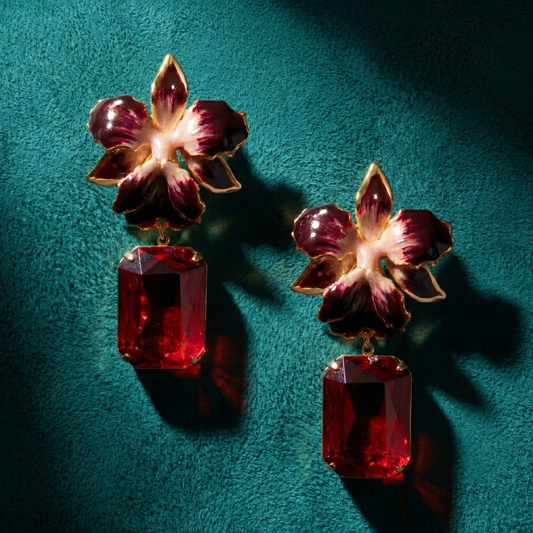 Vanilla Orchid Jeweled Drop Earrings - Ruby Red
