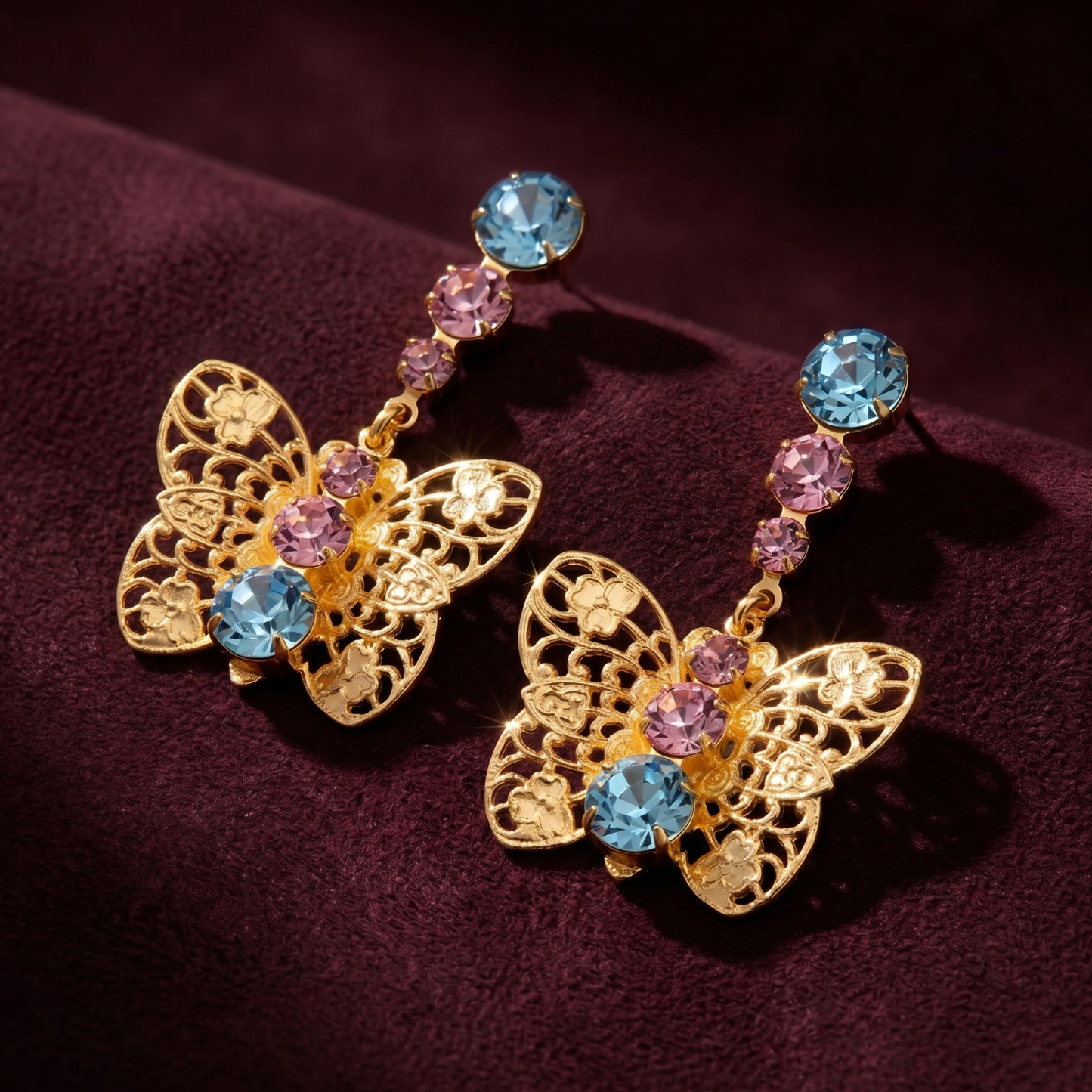 Gold Filigree Butterfly Drop Earrings - Blue & Pink