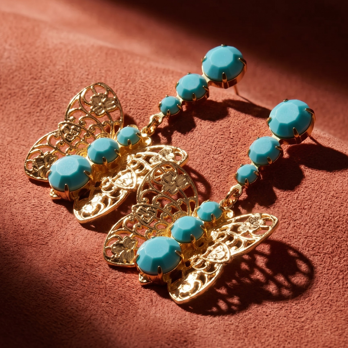 Gold Filigree Butterfly Drop Earrings - Turquoise