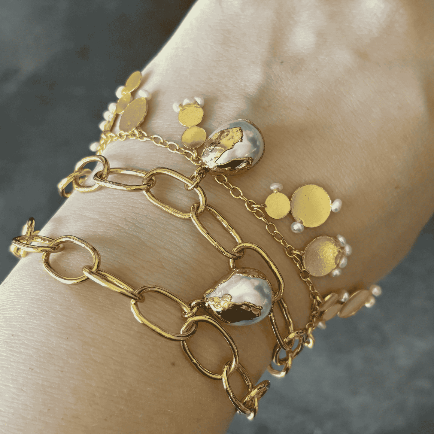 Pearl & Gold Charm Bracelet Stack (Set of 3)