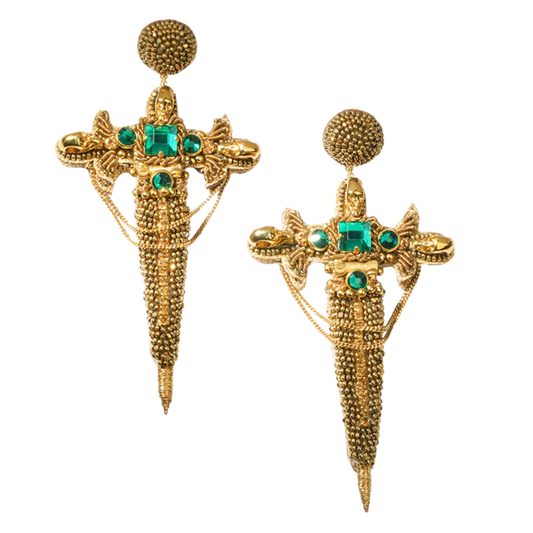 Dagger Beaded Earrings - Green & Gold