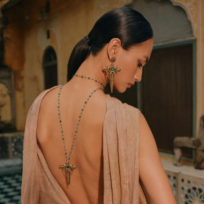 Dagger Beaded Earrings - Green & Gold