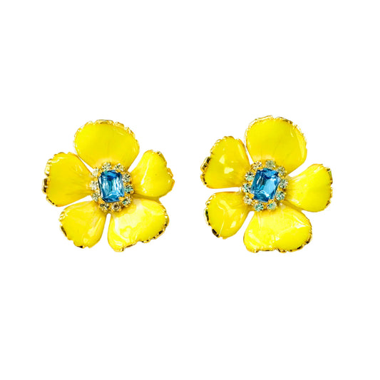 Buttercup Enamel & Blue Crystal Floral Earrings