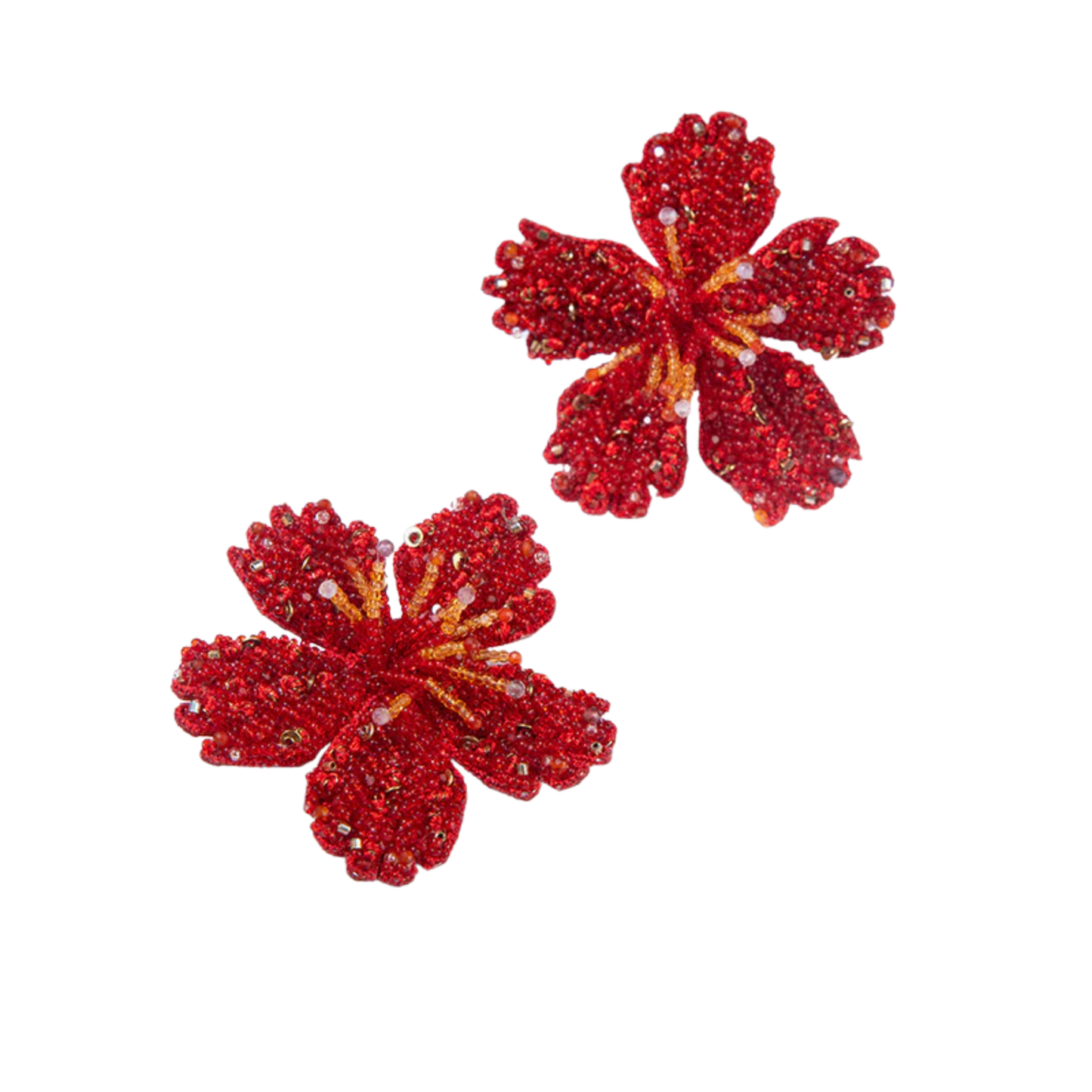 Hibiscus Beaded Clip-On Earrings - Red