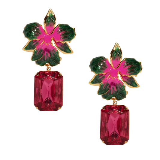 Vanilla Orchid Jeweled Drop Earrings - Pink & Green