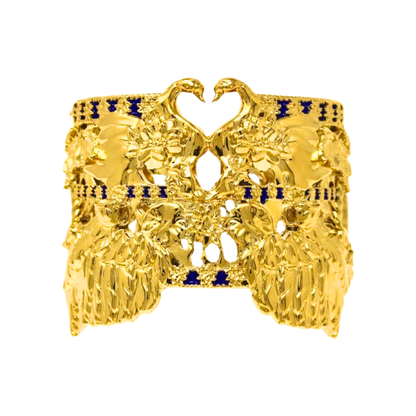 Tea and Lilies Cuff Bracelet - Gold with Cobalt Blue Accents