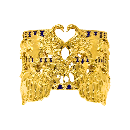 Tea and Lilies Cuff Bracelet - Gold with Cobalt Blue Accents