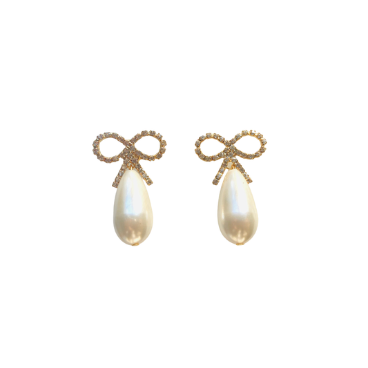 Crystal Bow Earrings with Pearl Drops. 1 of 1.
